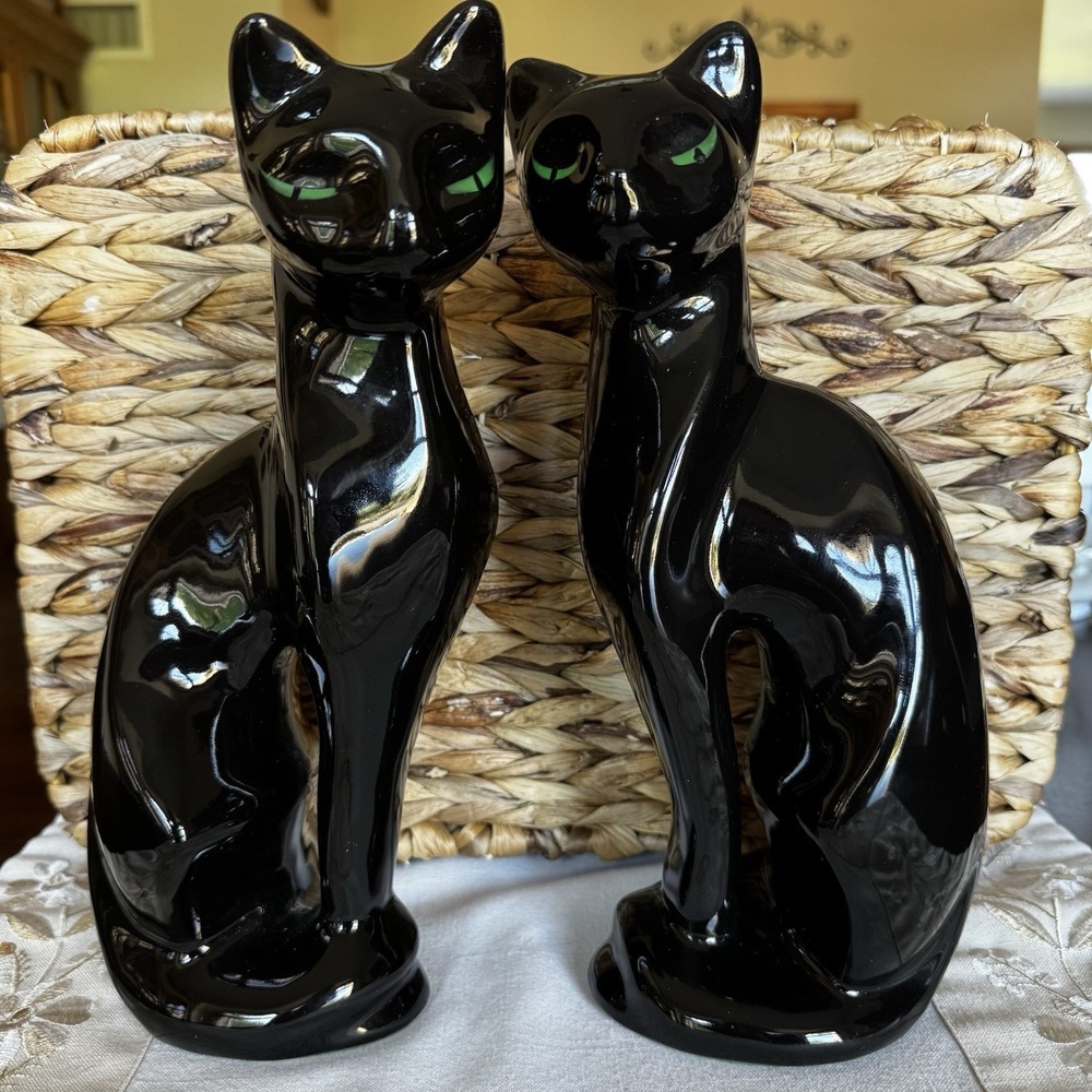 Ceramic 11" Tall Black Cats ~ Green Eyes Figurines MCM Set Of Two Vintage Decor